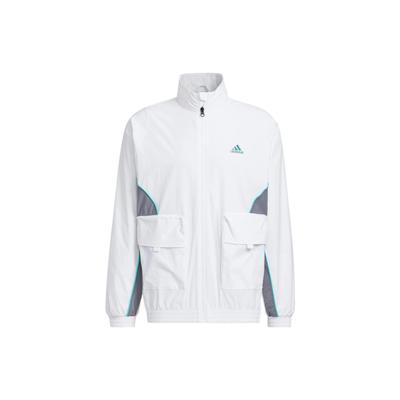 Logo Print Patchwork Stand Collar Zip Jacket Men Outerwear White HM5146