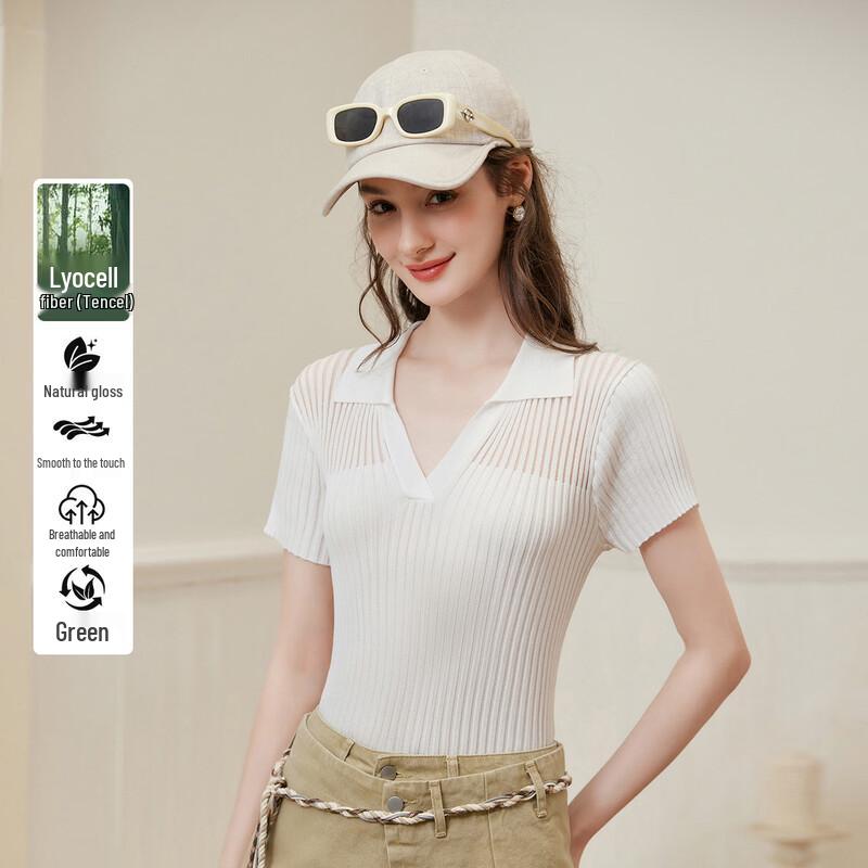 Women s Tencel Blend V-Neck Slim Fit Short Sleeve Knitted Top L