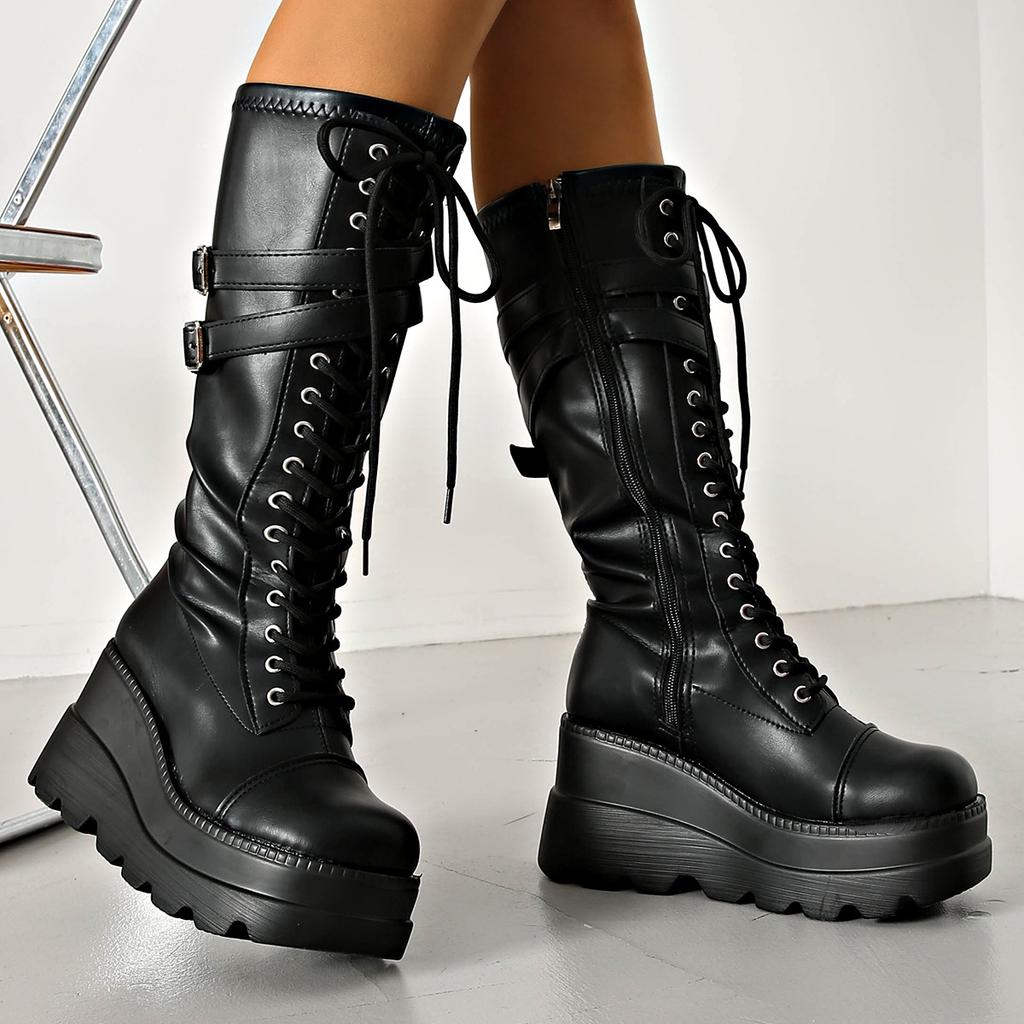 Belt buckle slope heel locomotive boots women's winter new thick-soled large-size muffin punk style high boots