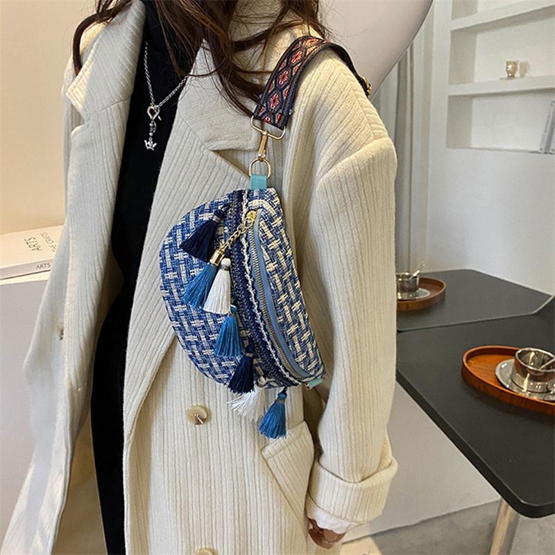 Weave Crossbody Bags Female Tassel Waist Bag Retro Leather Shoulder Packs