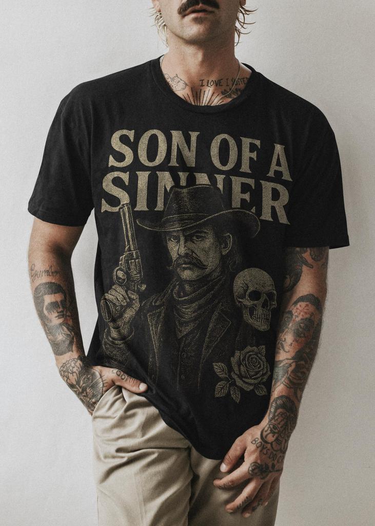 Son Of A Sinner Heavy Cotton Tee, Vintage Western Style Shirt, Unisex Graphic Tee for Men & Women, Unique Gift for Holidays, Retro Cowboy