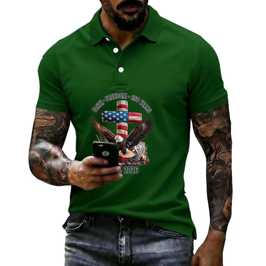 Men's Loose Fit Casual Short Sleeve Polo Shirt with Patriotic Graphic Print 250 Years Commemoration 1776-2026 Cotton Blend Comfortable Design