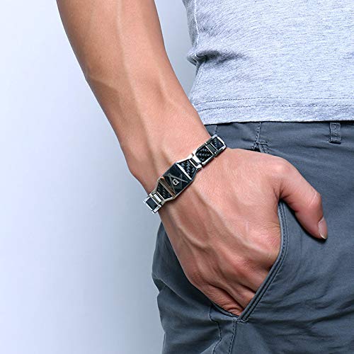 Rockyu Men's Titanium Magnetic Bracelet with Black Plate, Engraved Freemasonry Germanium Bracelet, Metallic Look (White)