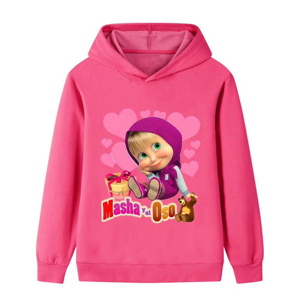 B1343 Kinder Mädchen Masha Bär Aufdruck Langarm Sweatshirt Kapuzenpullover 100cm rose rot