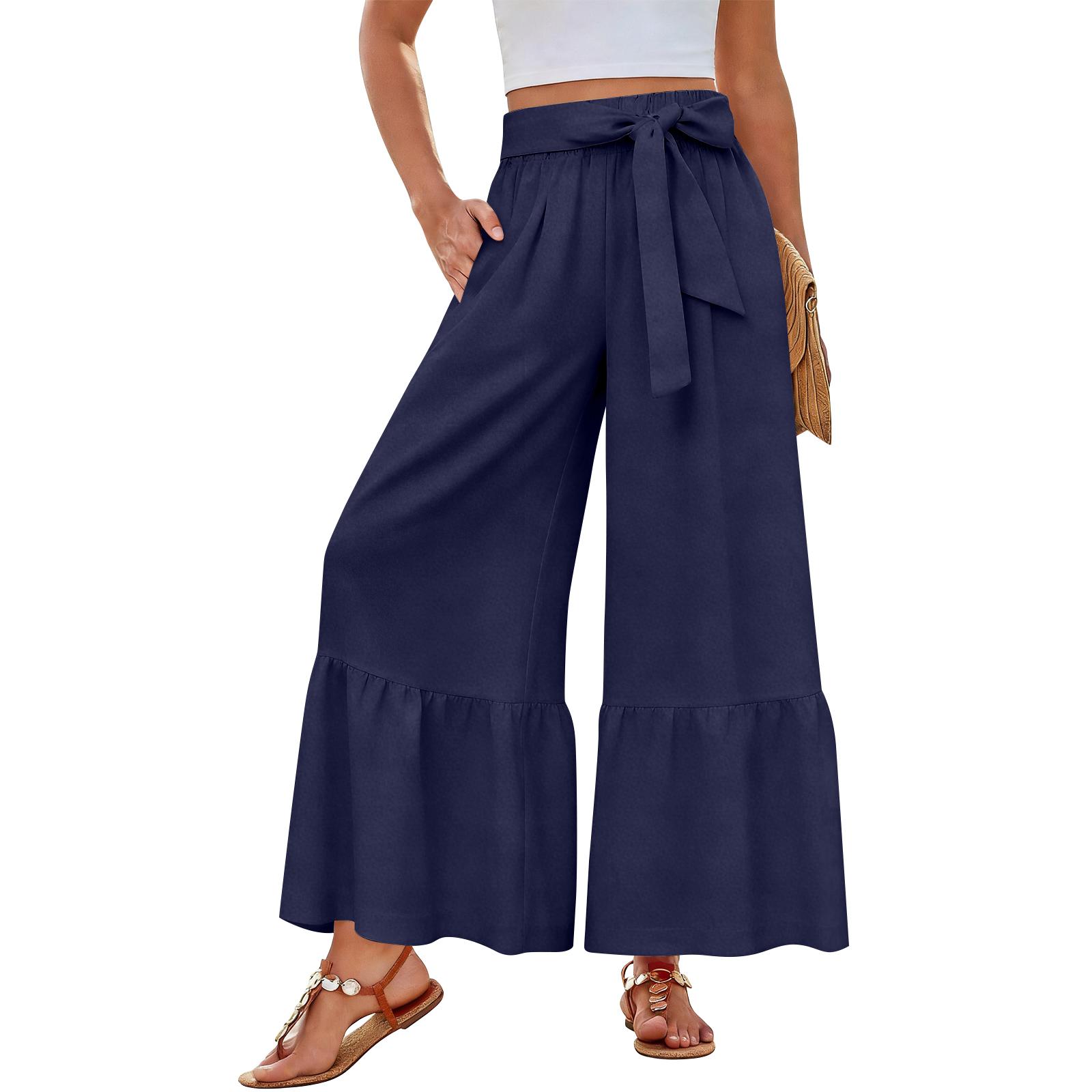 

Women s Wide-Leg Casual Pants With Drawstring, Stretch, High Waist, Ruffled Hem, Wide Legs, Belted, And Pockets M Темно-синій