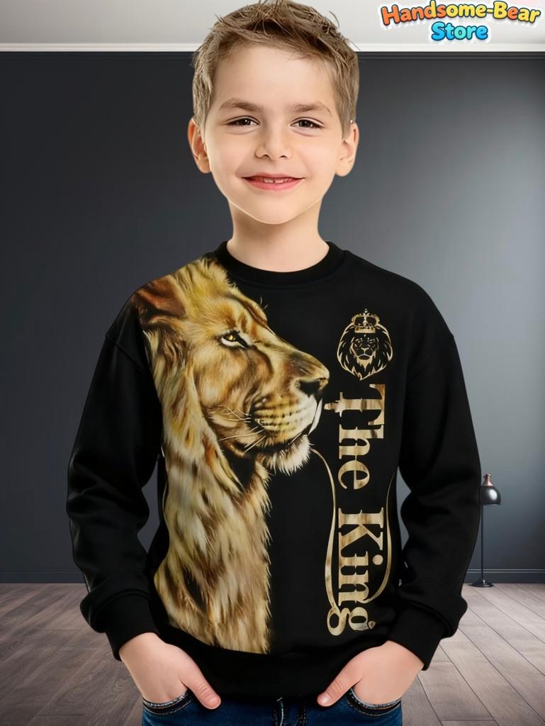 Boys Wolf Print Long Sleeve Crew Neck Sweatshirt Soft Breathable Casual Wear Outdoor Activities Autumn Essential Clothing Hoodie