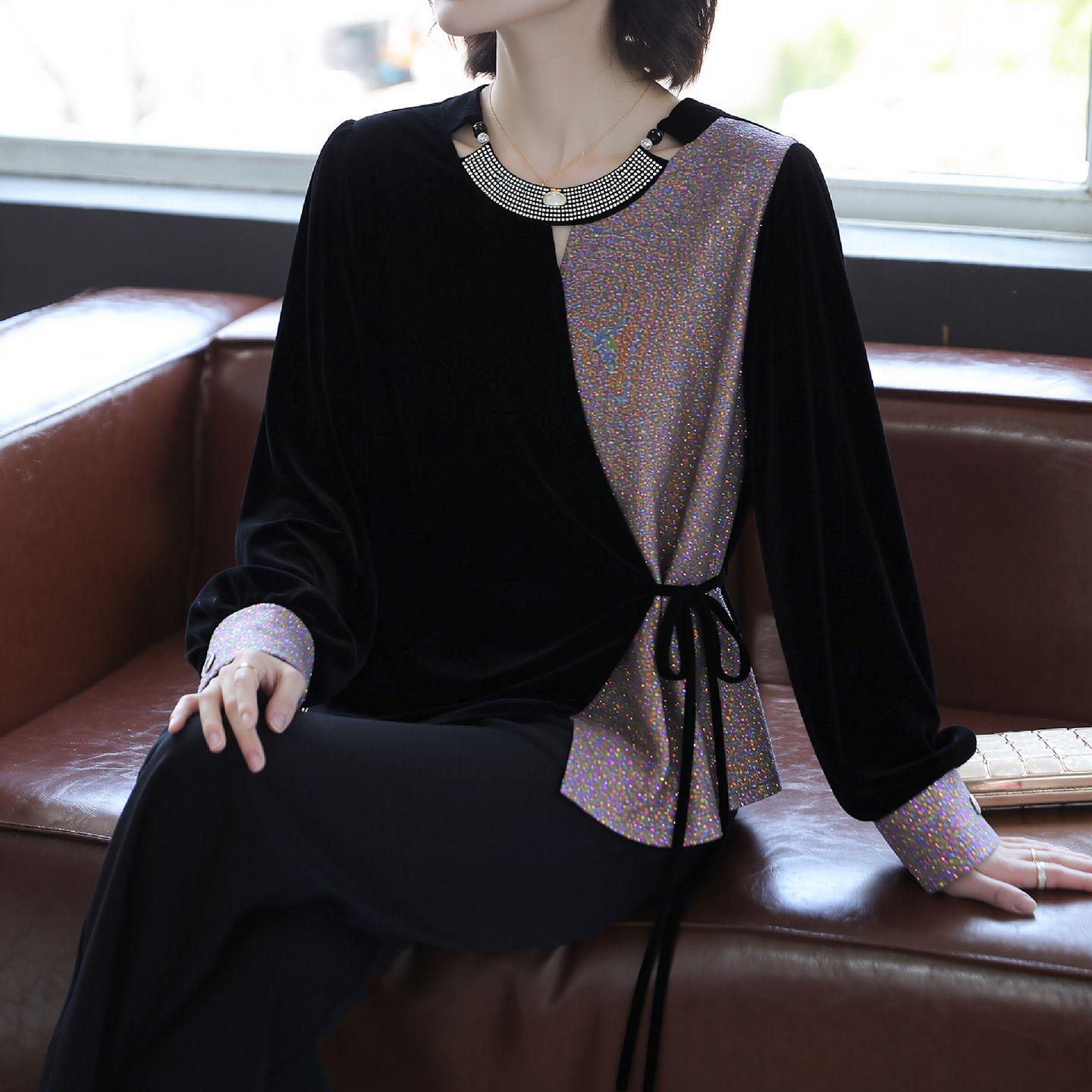 

Spring Arrival Two-Piece Look Patchwork Long-Sleeve Top for Middle-Aged Women: Loose Waist-Cinched, Slimming Base Layer with Trendy Lace-Up Design. 2XL [Recommended for 125-140 lbs] чорний