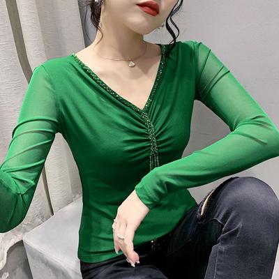 Women's Sexy V-neck Long-sleeved T-shirt Beaded Plus Velvet Top Autumn and Winter Versatile Mesh Base Shirt