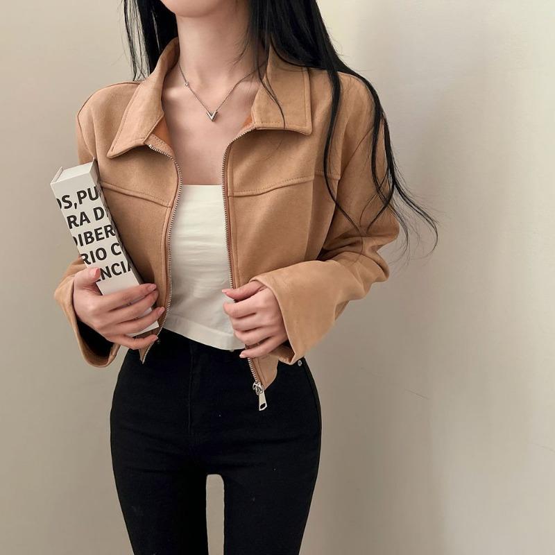 Damen Wildleder Cropped Jacke Revers Reißverschluss Kurzer Mantel Lässiges Streetwear Top