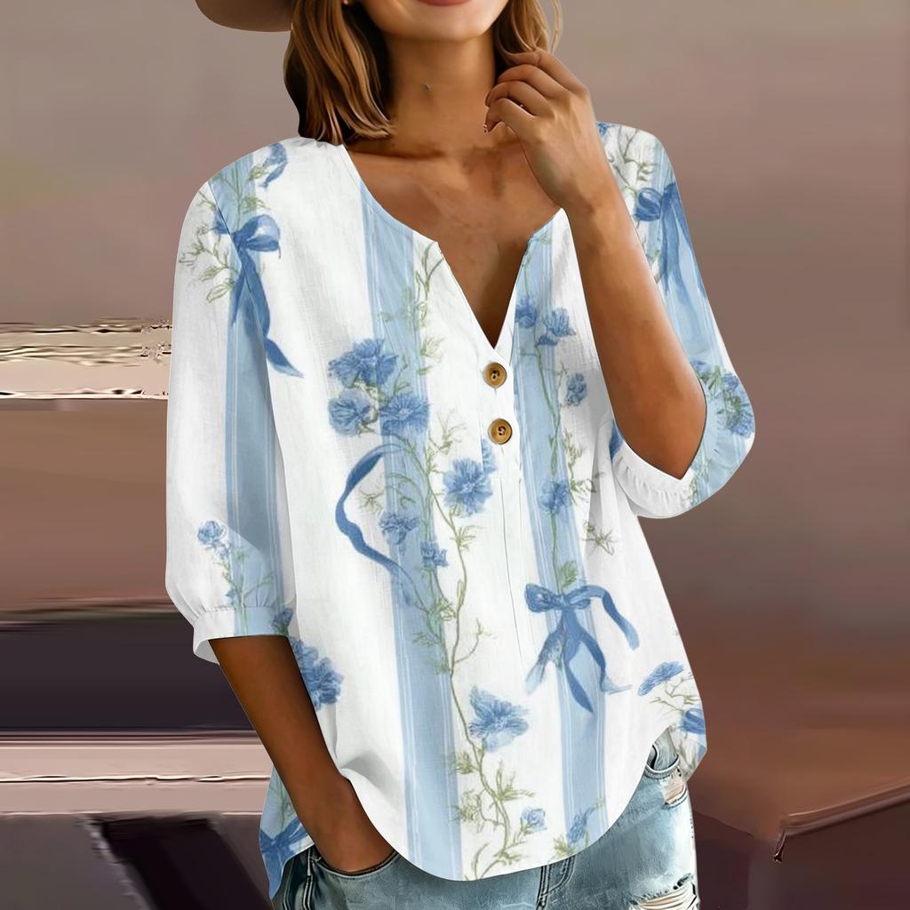 Women’s Casual Floral Print Henley Neck Cotton Linen Shirt Three Quarter Sleeve Button Front Loose Fit Blouse Top