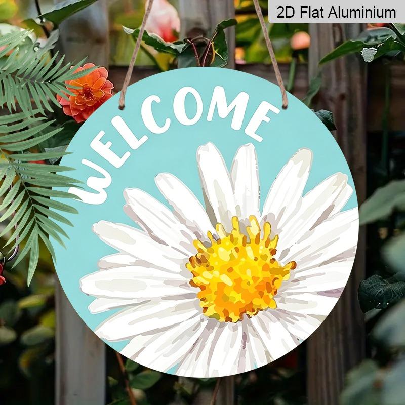 2D Flat Watercolor Daisy Welcome Hanging Sign, Aluminum Decorative Sign and Plaque, Various Sizes. Simple Style, Sea Blue Background, Floral Wall