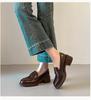 Versatile British Style Cowhide Mid-Heel Loafers - Retro Round Toe Slip-On Women's Shoes with 5cm Chunky Heel