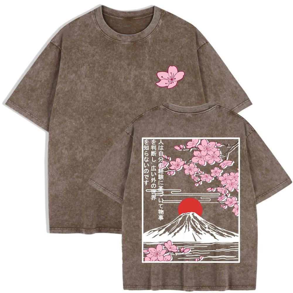 Summer Women Mount Fuji Cherry Blossoms Graphic Print Washed Cotton O Neck Oversized Short Sleeve Streetwear Loose Basic To