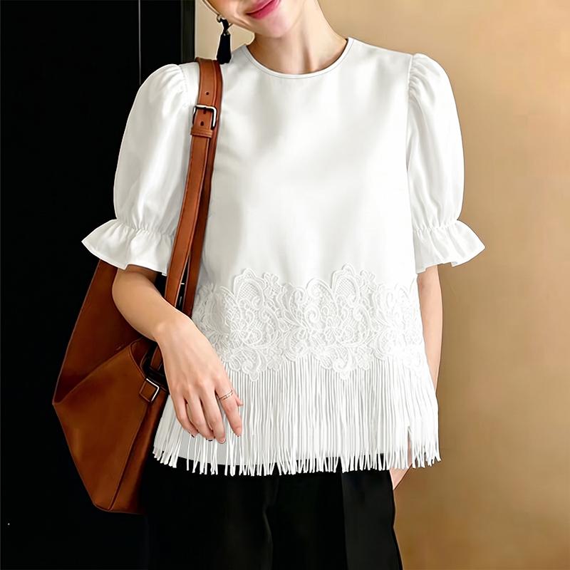 ZANZEA Women Casual Round Neck Tassel Splice Loose Summer Short Sleeve Blouse M