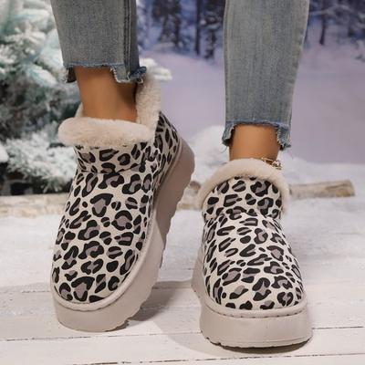 Damen Dicke Schneestiefel Winter Neu Runde Zehenpartie Wildleder Leopard Ärmel Rutschfest Verschleißfest Kurze Stiefel