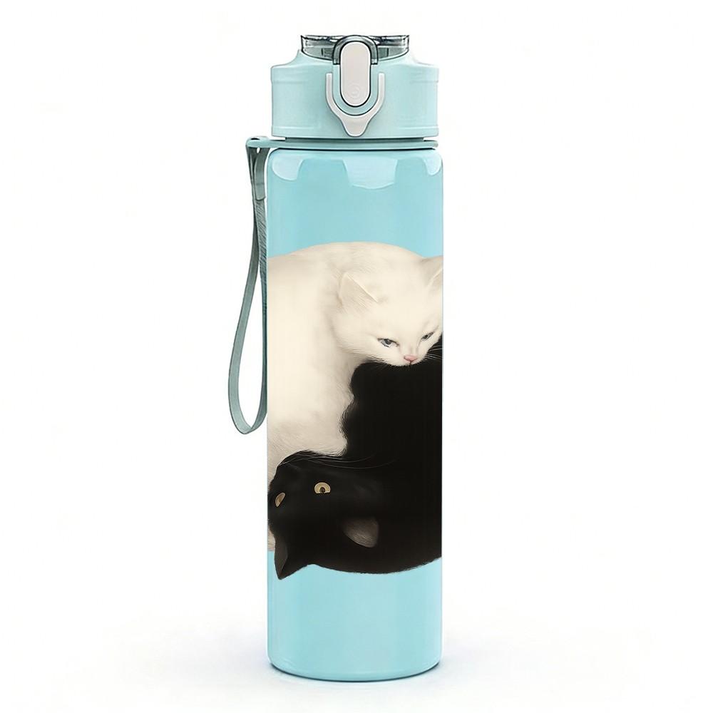 1PC Yin Yang Black White Cat 750ml Color Plastic Sports Water Bottle Leakproof Flip Straw Lid Suitable for Sports Office Home Use