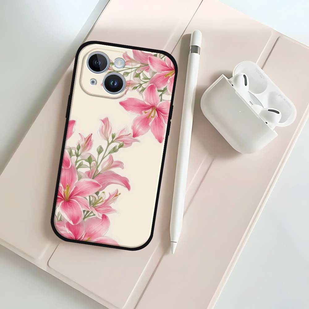 P-Peach-B-Blossom Black Phone Case That Fits For IPhone 17,16,15,11,13,14 Pro Max,Plus,X,Xr,Xs Max,13Mini