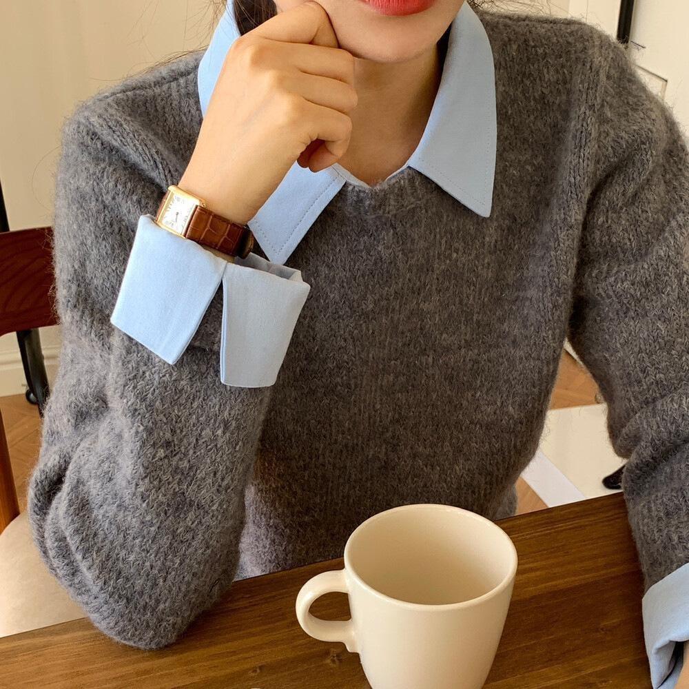 Autumn and winter wear contrasting color long-sleeved sweater top female cartoon dachshund gray fake two-piece shirt collar knitted sweater female