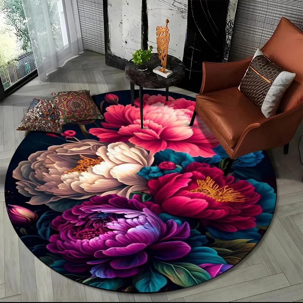 3D Luxusný koberec Flower Rose Daisy Nordic Okrúhly koberec do obývačky Spálňa Dekor stoličky do detskej herne, Protišmyková podložka pre domáce zvieratá