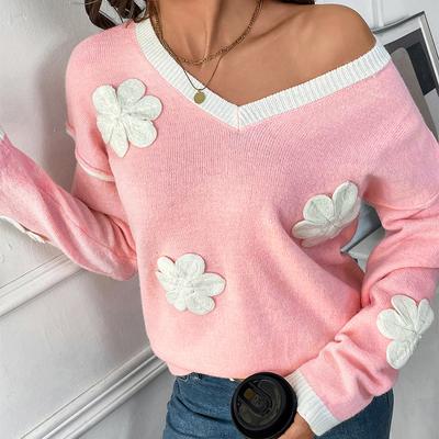 Women's Fashion Casual Fall Winter Flower Pattern Print Long Sleeve V-Neck Sweaters