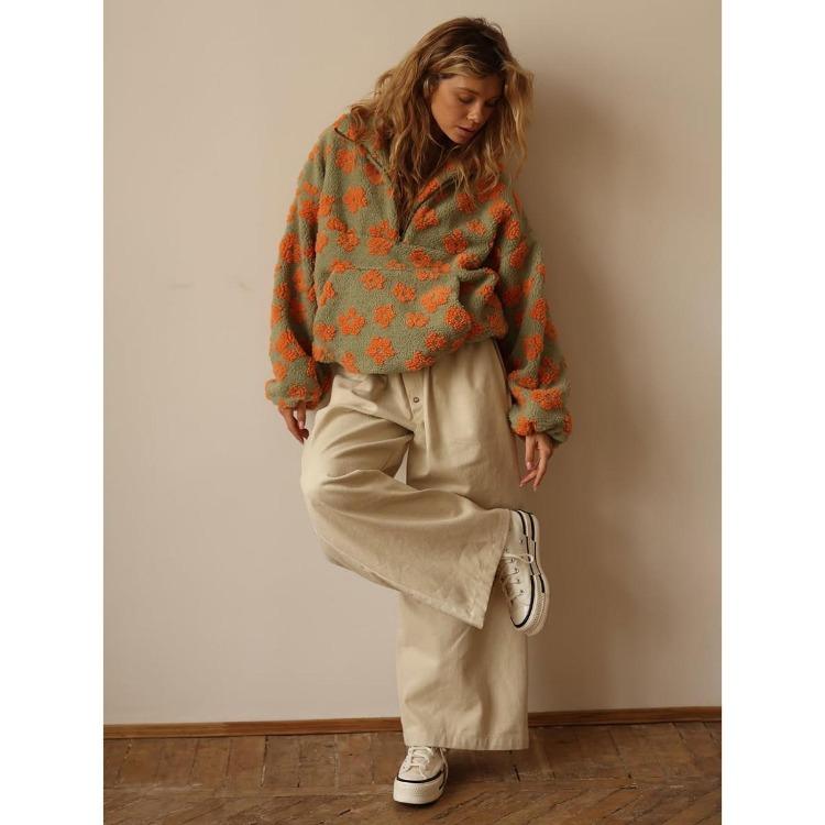 Winter Autumn Women Fleece Sweatshirt Floral Fuzzy Pullover Top Fashion Warm