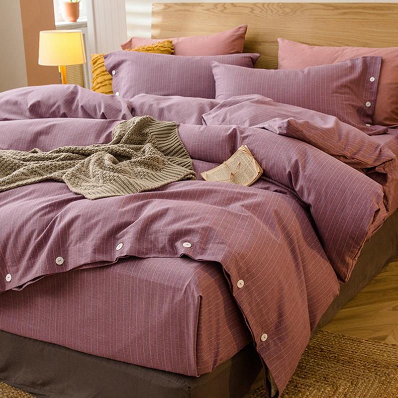Simple Bed Pure Cotton Polished Four-Piece Cotton Quilt Cover Thickened Warm Bed Sheet 1.8M Double Bed
