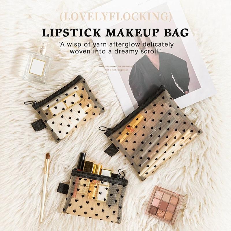 Nylon Mesh Cosmetic Bag Zipper Heart Shaped Toiletry Organizer Makeup Bags Multifunctional Women Lipstick Key Coin Purse Pouch
