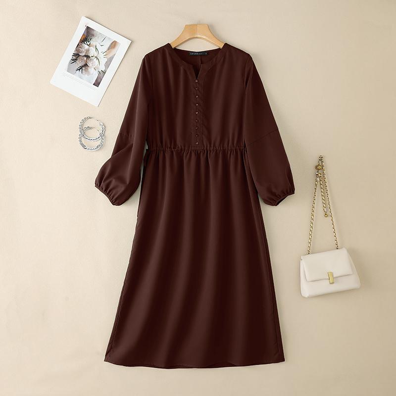 ZANZEA Women Casual V-Neck Solid Color Long Sleeve Loose Dress