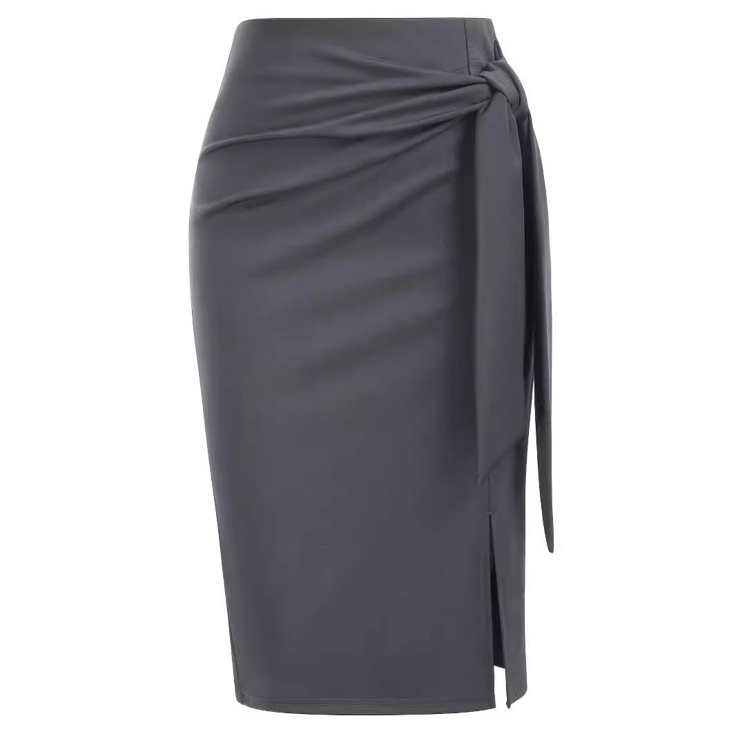 Women s Solid Color Elegant Professional High-Waisted Bow Knee-Length Slit Skirt S