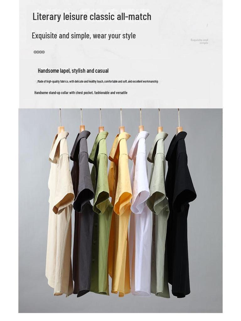 Men's Summer Heavyweight White Short-Sleeve Cotton Shirt - Solid Color Casual Lapel Design