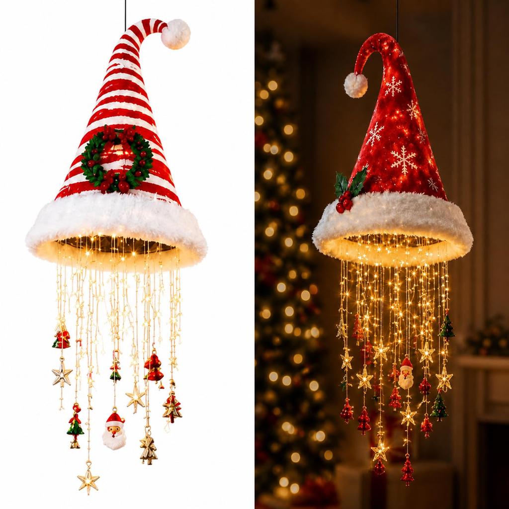 Lighted Santa Hat Hanging Chandelier, Indoor Outdoor Christmas Decor,Warm LED Christmas String Light with Festive Tassels