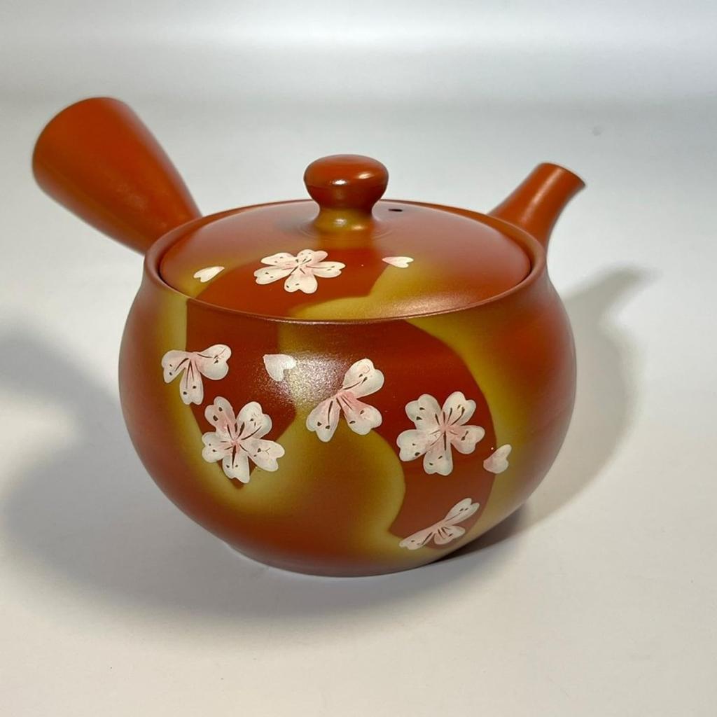 Japanese Tosai Fusen Red Clay Fan Cherry Blossom Teapot (Basket Net)