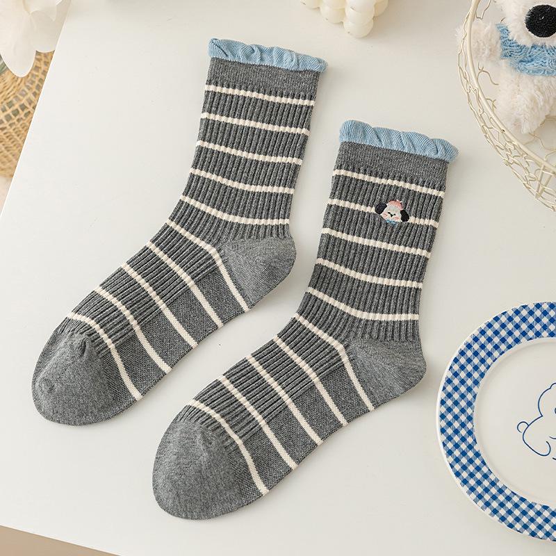 Women's Autumn-Winter Mid-Calf Cartoon Puppy Socks, Korean and Japanese Style, Color Block, Striped, Cute, Warm, Boneless.