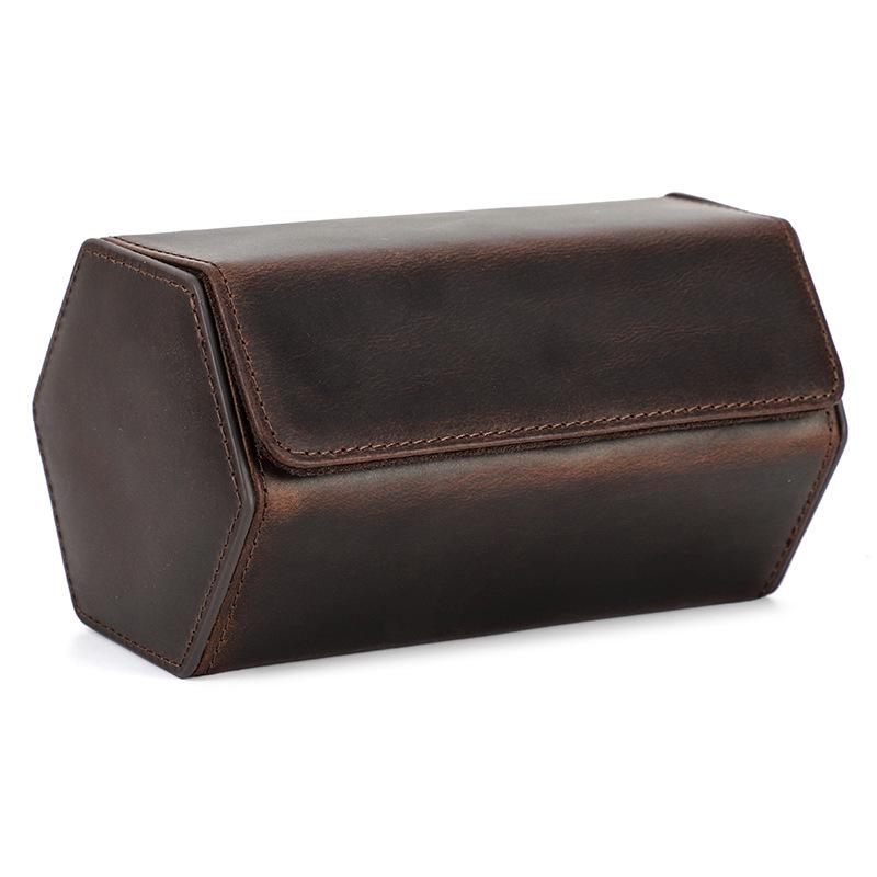 Vintage Crazy Horse Leather Cowhide Wristwatch Storage Box - Portable Genuine Leather Travel Case for Couples
