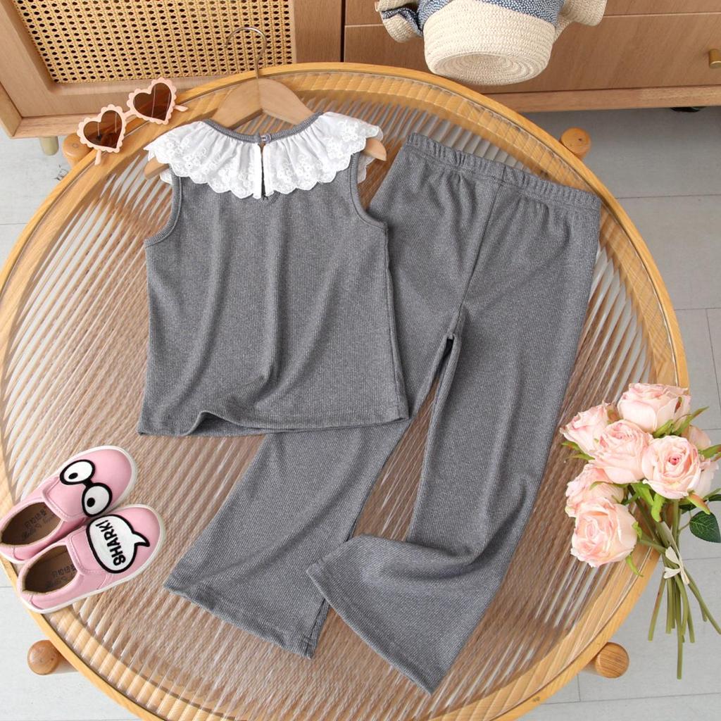 Cross-Border Girls' Summer Two-Piece Set: Ruffle Collar Vest with Flare Pants