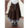 Women's Brown Corduroy Plaid A-Line Skirt - Spring/Autumn Patchwork Mid-Length, Slimming Cake Design