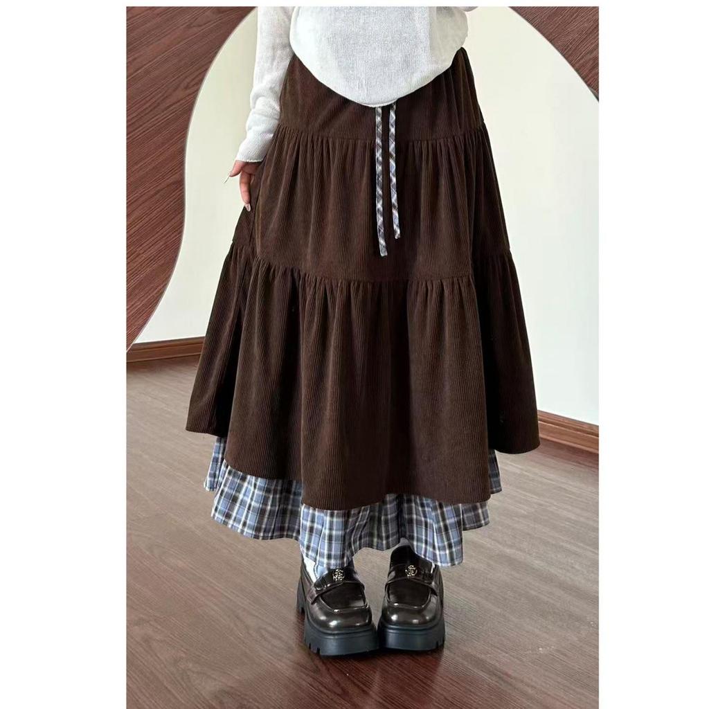 Women's Brown Corduroy Plaid A-Line Skirt - Spring/Autumn Patchwork Mid-Length, Slimming Cake Design