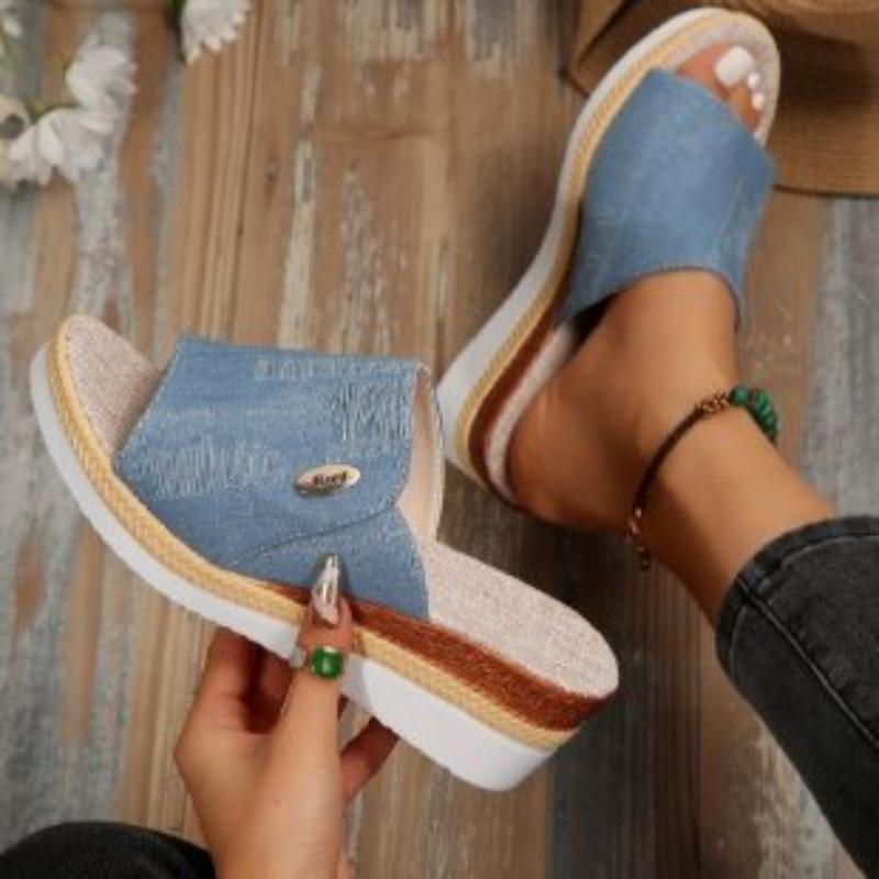 New summer women's slope heel thick bottom fish mouth slippers large size one word with slope heel slippers women