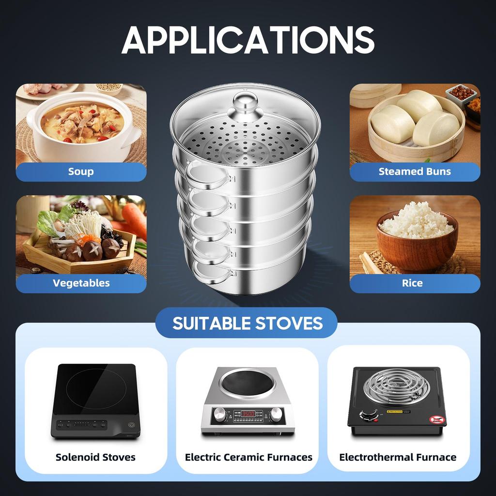 Panela de Cozimento a Vapor de Aço Inoxidável de 5 Camadas - Vaporizador de 11 Polegadas para Cozinhar Alimentos - Tampa de Vidro - Adequado para Tamales, Legumes, Bolinhos e Frutos do Mar