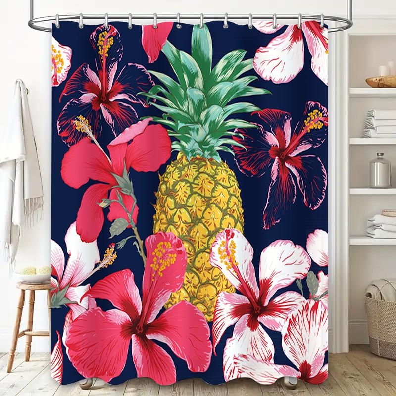 Tropical Pineapple Hibiscus Printed Shower Curtain For Bathroom Decor Navy Blue, Pink Red Floral 72 X 84 Waterproof Fabric With