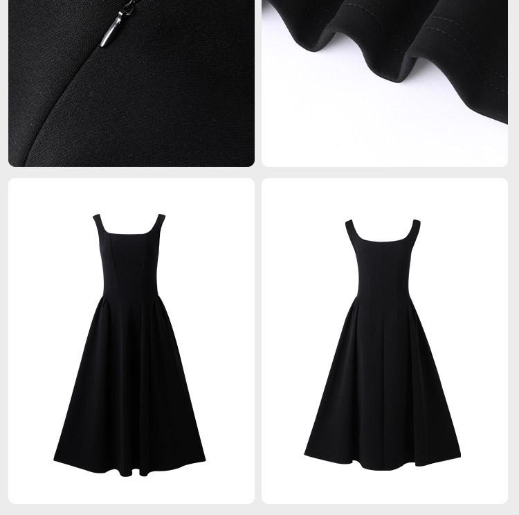 Women's Summer Hepburn Style Black A-line Mini Dress with Cinched Waist and Spaghetti Straps - Elegant and Sleeveless