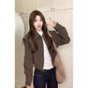 2025 Women's Fashionable Brown Short Jacket with Zipper Lapel - Perfect for Early Autumn and Spring