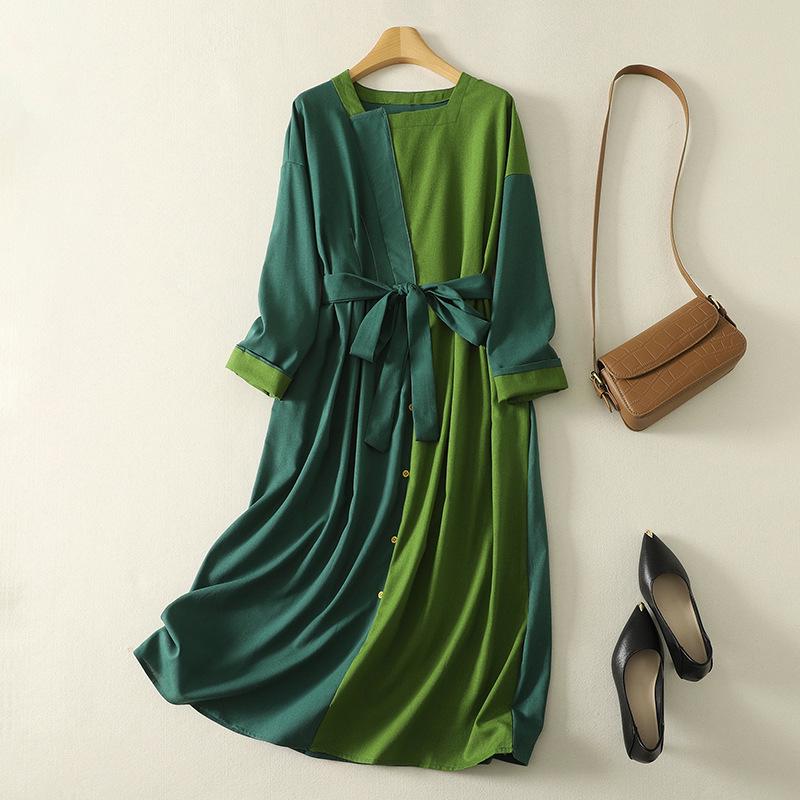 

Ethnic Cotton & Linen Retro Colorblock Long Skirt Dress Extra Large