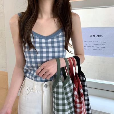 Schöne Rückenweste Damen Tragen Das Internet Rot Ausbruch Französisches Karomuster mit Dem Unterteil Gestrickt Kleines Neckholder Ärmelloses Top Trend