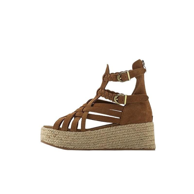 Retro thick-soled straw-woven leather sandals women's summer new open-toed waterproof table muffin shoes
