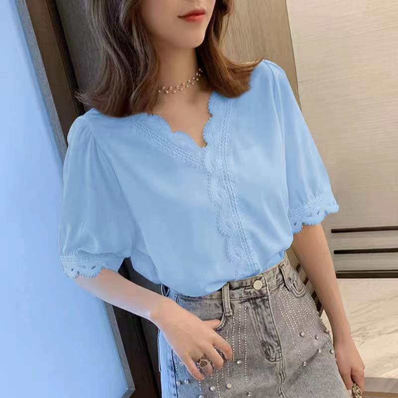 Summer Internet Celebrity New Fashion Design Niche Lace Chiffon Temperament V-neck Loose Super Fairy Top for Women