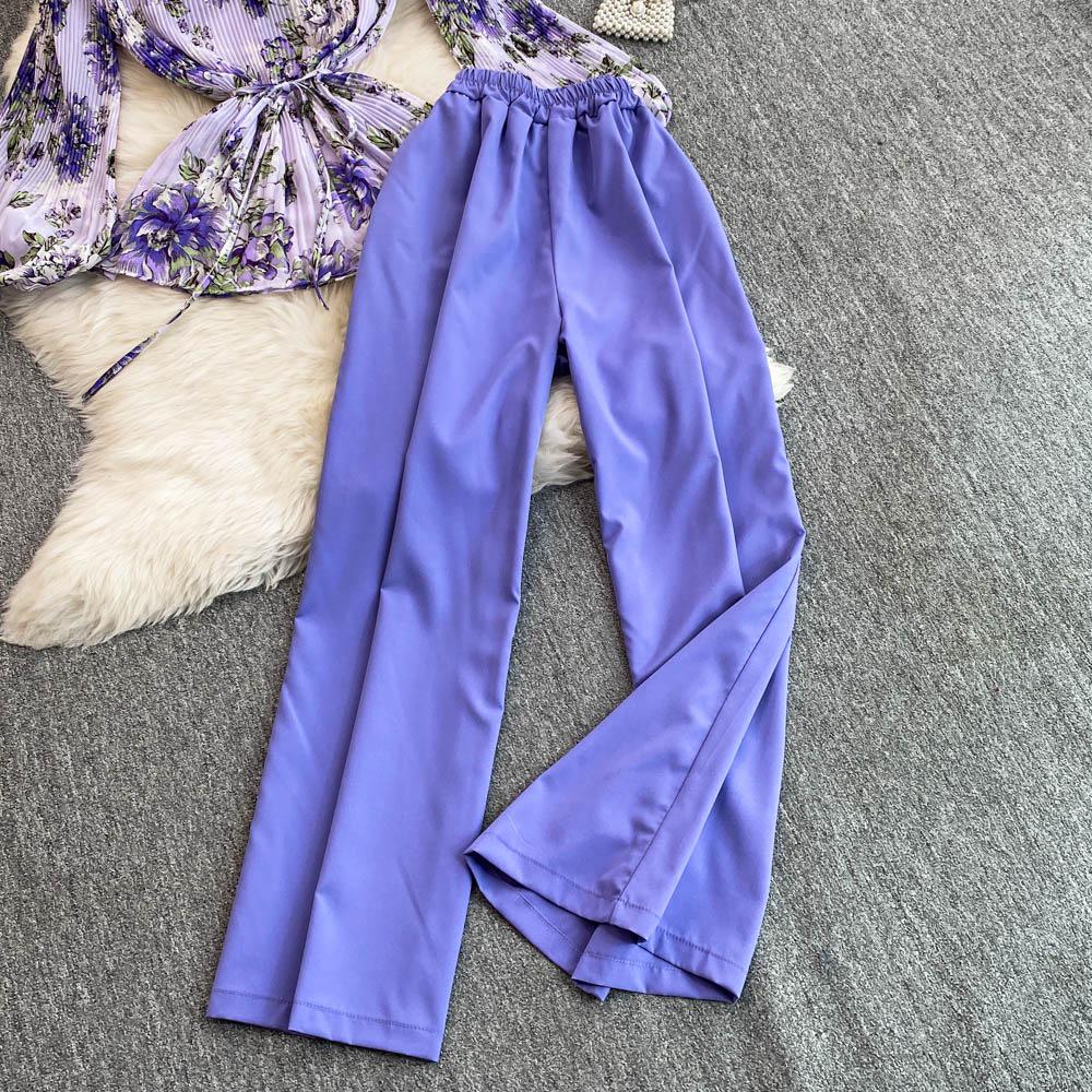 Mature Style Two-Piece Women's Suit: Loose Floral Pleated Shirt & High Waist Wide Leg Trousers
