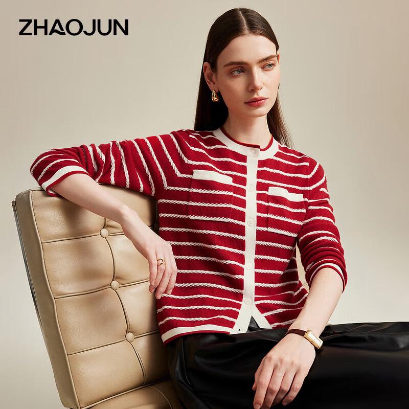 Zhaojun Women's Striped Pure Cashmere Round Neck Cardigan