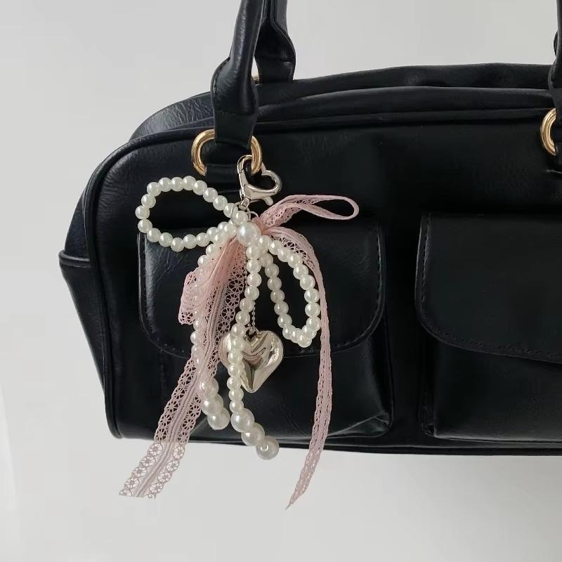1 Piece Phone Charm Strap Pendant Sweet Imitation Pearls Lace Bow Beaded Keychain Bag Hanging Cord For Women Girl
