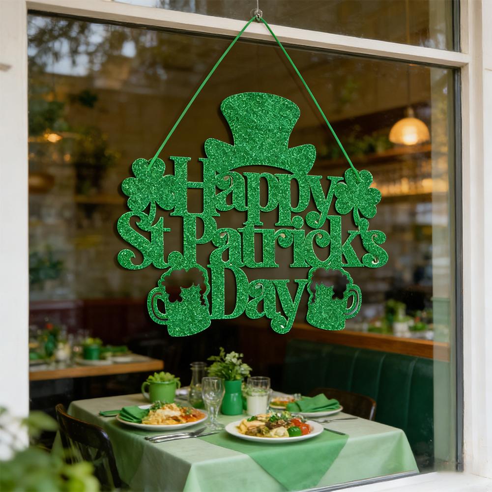 Happy St. Patrick's Day Hanging Sign Glitter Green Home Door Party Festival Wall Lucky Decoration Irish Clover Shamrock Dec N2T3